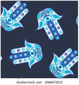 Seamless blue and white hamsa pattern on dark blue stock vector illustration design element for web, for print