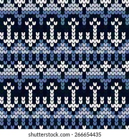 Seamless blue and white knitted retro texture with anchors