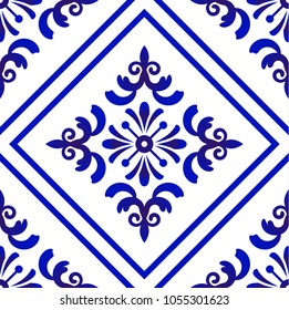 seamless blue and white pattern damask style for design, porcelain, chinaware, ceramic, tile, paper, fabric, ceiling, texture, Islamic background, vector illustration
