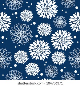 Seamless blue and white pattern with flowers, vector illustration