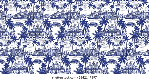 Seamless blue and white pattern inspired by Goa, India, featuring Portuguese colonial buildings, palm trees, vintage cars, fishing boats, coastal scenery and tropical village life