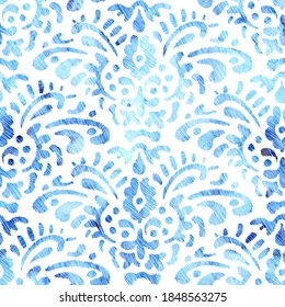 Seamless blue and white pattern in Victorian style. Wavy watercolor print for home textiles. Embroidered grunge texture. Vector illustration.