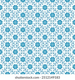 Seamless blue and white pixel art pattern arranged in a repeating geometric pattern. This vector illustration is perfect for use in winter themed projects, textiles, digital artwork, and decorative