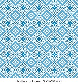 Seamless blue and white pixel art pattern arranged in a repeating geometric pattern. This vector illustration is perfect for use in winter projects, textiles, digital artwork, and decorative designs.