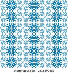 Seamless blue and white pixel art pattern arranged in a repeating geometric pattern. This vector illustration is perfect for use in winter projects, textiles, digital artwork, and decorative designs.