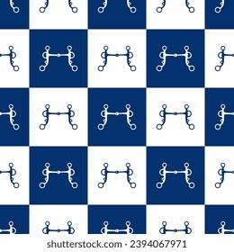 Seamless blue and white square grid pattern with horse bits