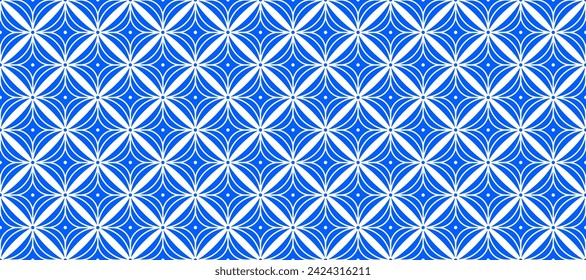 Seamless blue white tile pattern. Portuguese ceramic mosaic wallpaper. Abstract geometric repeating decor for floor, wall, kitchen, bath, print. Simple dot ornamental indigo backdrop. Vector texture