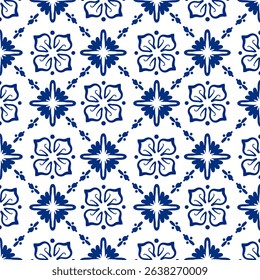 Seamless blue and white tile pattern with hand-drawn brush lines. Traditional Mediterranean design inspired by Portuguese azulejos. Ideal for backgrounds, fabric, or ceramic-inspired decor.