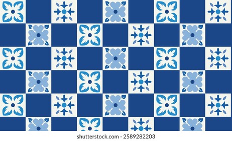 Seamless blue and white tile pbackground attern with floral and geometric details. Inspired by Mediterranean and Portuguese ceramics, perfect for backgrounds, wallpapers, textiles, and decorative prin