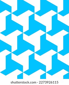 Seamless blue and white vector graphic of interlocking triangular shapes. It has the feel of an Escher artwork