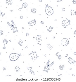 Seamless blue and white vector pattern for children. Cartoon hand-drawn baby elements. 