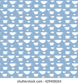 Seamless blue and white vector pattern with cup silhouette, white cup pattern tile, cup pattern in cold palette, white and blue cup pattern, coffee or tea cup pattern, kitchen pattern or digital paper