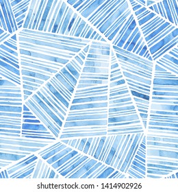 Seamless blue and white watercolor pattern. The ornament of triangles drawn in patchwork style. Handwork. Print for textiles. Vector illustration.