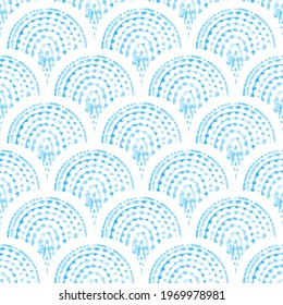 Seamless blue and white wavy pattern. Print in Asian style. Seigaha ornament painted by watercolor. Ethnic and tribal motifs. Sea summer background. Grunge texture. Vector illustration.