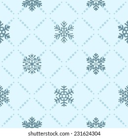 Seamless blue winter pattern with diamond of dots and snowflakes