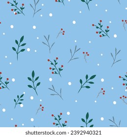 Seamless blue winter pattern with viburnum, petal, snowflakes