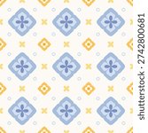 Seamless Blue and Yellow Floral Tile Pattern on Cream Background
