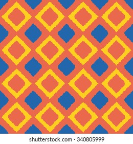 Seamless blue and yellow ikat diagonal squares check pattern vector