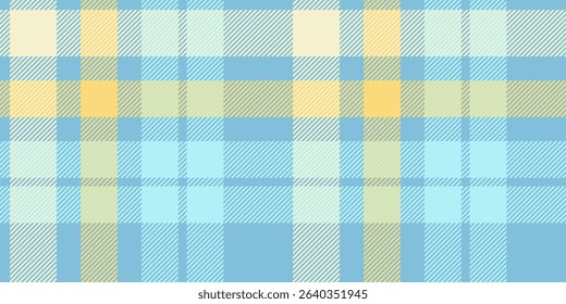 Seamless blue and yellow plaid pattern with diagonal stripes. Geometric checkered design for fabric, wallpaper, or digital backgrounds. Vector repeatable textile texture