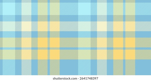 A seamless blue and yellow tartan plaid pattern with light and airy tones, ideal for summer-themed textiles, fashion, and decor