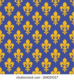 Seamless blue and yellow vintage classical French royal ornate Fleur de lis pattern vector