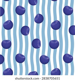 Seamless blueberry fruit pattern over dark blue wavy stripe background, elegant organic berry backdrop for textile, packaging, and stationeries