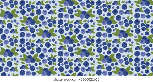 Seamless blueberry pattern featuring vibrant blue berries and fresh green leaves suitable for food packaging fabrics and backgrounds