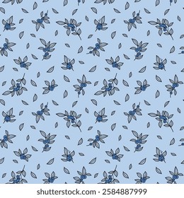 Seamless blueberry pattern in graphic style, hand drawn, blueberry twigs and berries. Design for fabric, factories, wallpaper, wrapping paper, textiles, web design.