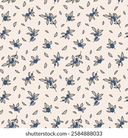 Seamless blueberry pattern in graphic style, hand drawn, blueberry twigs and berries. Design for fabric, factories, wallpaper, wrapping paper, textiles, web design.