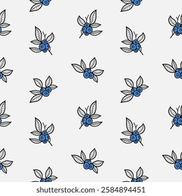  Seamless blueberry pattern in graphic style, hand drawn, blueberry twigs and berries. Design for fabric, factories, wallpaper, wrapping paper, textiles, web design.