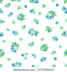 Seamless Blueberry Pattern with Green Leaves, fresh berry botanical background in light watercolor style