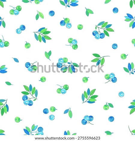 Seamless Blueberry Pattern with Green Leaves, fresh berry botanical background in light watercolor style