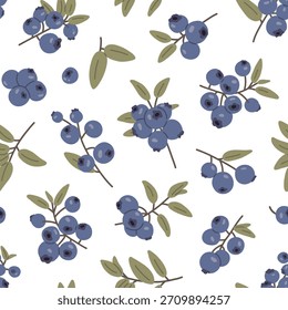 Seamless blueberry pattern with hand-drawn berries and leaves in a flat cartoon style. Cute botanical design for textiles, wrapping paper, kids products and natural-themed backgrounds.