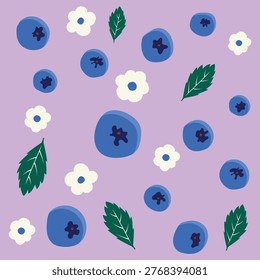 Seamless Blueberry Pattern with Leaves and Flowers on Purple Background