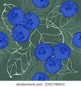 Seamless blueberry patterns. Vector illustrations of tasty bilberries, blueberries or huckleberries. Hand drawn abstract organic pattern. Collage contemporary print. Fashionable template for design.