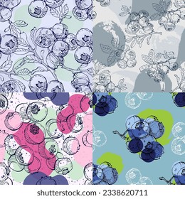 Seamless blueberry patterns. Vector illustrations of tasty bilberries, blueberries or huckleberries. Hand drawn abstract organic pattern. Collage contemporary print. Fashionable template for design.