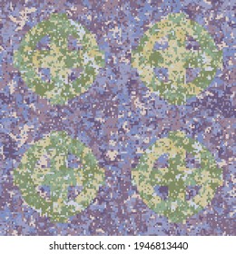 Seamless blue-green pixel camouflage pattern with celtic crosses. Editable.