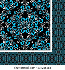 Seamless blue-white damask Pattern on black.