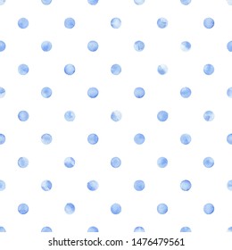 Seamless blue-white watercolor pattern. Print polka dot for textile. Handwork with a brush on paper. Vector illustration.