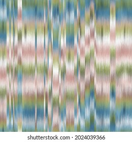 Seamless blurred ombre fuzzy techno glitch error pattern for surface design and print. Vector textile illustration. Multicolored blurry boho stripes of color. Psychedelic ethnic graphic motif swatch.