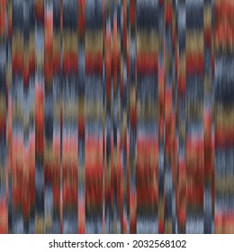 Seamless blurred ombre fuzzy techno glitch error pattern for surface design and print. Vector textile illustration. Multicolored blurry boho stripes of color. Psychedelic ethnic graphic motif swatch.