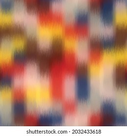 Seamless blurred ombre fuzzy tribal chic ikat pattern for surface design and print. Vector textile illustration. Multicolored spots boho of color in a grid. Psychedelic ethnic graphic motif swatch.