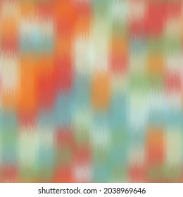 Seamless blurred ombre fuzzy tribal chic ikat pattern for surface design and print. Vector textile illustration. Multicolored spots boho of color in a grid. Psychedelic ethnic graphic motif swatch.