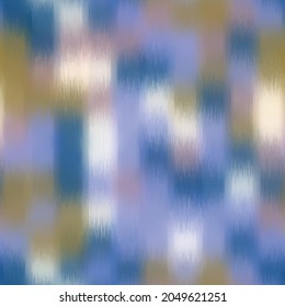 Seamless blurred ombre fuzzy tribal chic ikat pattern for surface design and print. Vector textile illustration. Multicolored spots boho of color in a grid. Psychedelic ethnic graphic motif swatch.