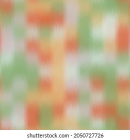 Seamless blurred ombre fuzzy tribal chic ikat pattern for surface design and print. Vector textile illustration. Multicolored spots boho of color in a grid. Psychedelic ethnic graphic motif swatch.