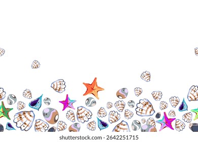 Seamless board with marine elements on a separate background. Starfish and shells with colorful stones in vintage style. Vector.