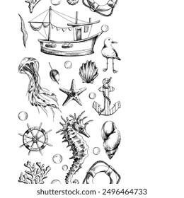Seamless board with marine underwater inhabitants, a lighthouse and a boat. Illustration of graphic line art in black and white, hand drawn from the SYMPHONY OF THE SEA collection.