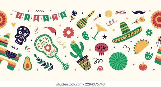 Seamless boarder with different trendy mexican illustrations