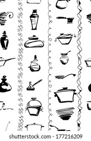Seamless (boarderless) ornament with kitchen utencils