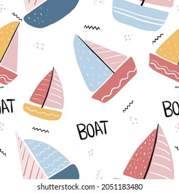 seamless boat pattern with hand drawn sailing and yachts on white background